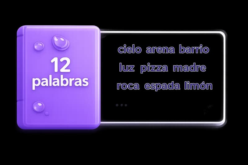 Tarjeta rotulada "12 palabras" junto a una lista de palabras sueltas: cielo, arena, barrio, luz, pizza, madre, roca, espada, limón.