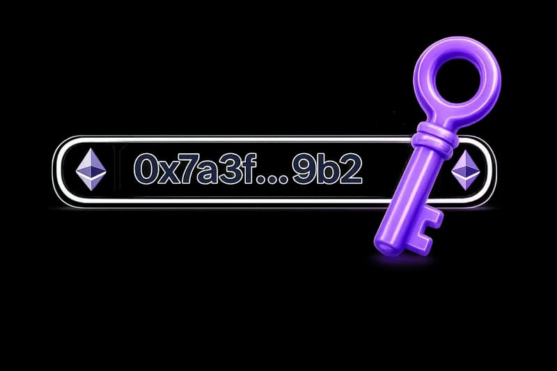 Una dirección de Ethereum abreviada, 0x7a3f…9b2, dentro de una píldora blanca, con una llave violeta al lado.