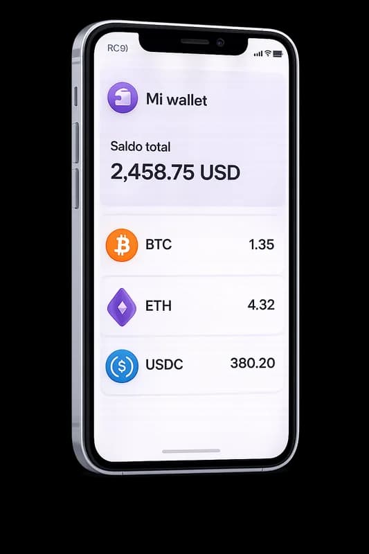 Móvil mostrando una app de wallet con un saldo de ejemplo y sus monedas: bitcoin, ethereum y USDC.