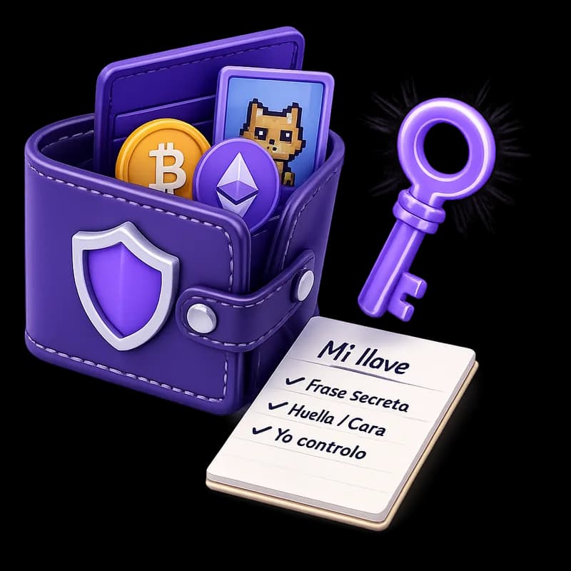 Cartera violeta abierta con bitcoin, ethereum y un NFT, junto a una llave grande y una libreta titulada "Mi llave" con tres checks: Frase secreta, Huella o cara, Yo controlo.
